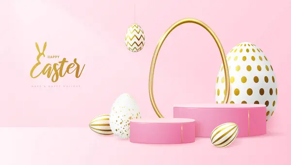 Pascua Vacaciones Escaparate Fondo Rosa Con Podio Huevos Pascua Ilustración — Vector de stock
