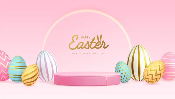 Vacanza Pasqua Vetrina Sfondo Rosa Con Podio Uova Pasqua Colorate — Vettoriale Stock