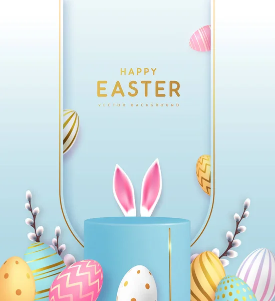 Holiday Easter showcase blue background with 3d podium, easter eggs and willow branch. Vector illustration