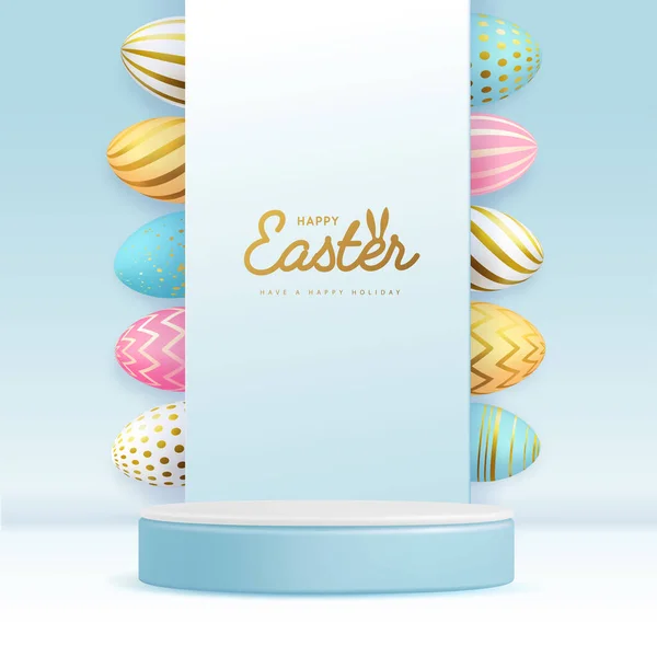 Vacanze Pasqua Vetrina Sfondo Blu Con Podio Uova Pasqua Colorate — Vettoriale Stock