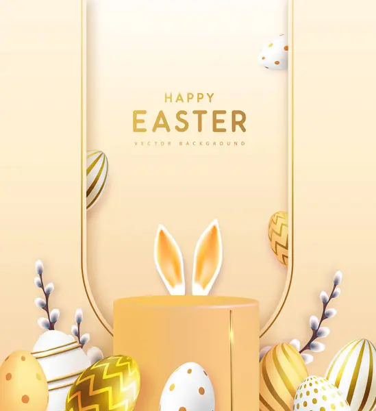 Holiday Easter showcase gold background with 3d podium, easter eggs and willow branch. Vector illustration