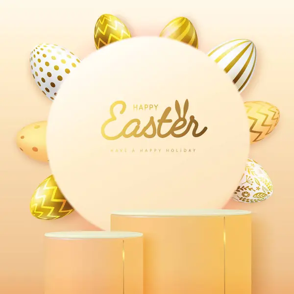 Velikonoce Předvést Zlaté Pozadí Pódium Velikonoční Vejce Vektorová Ilustrace — Stockový vektor