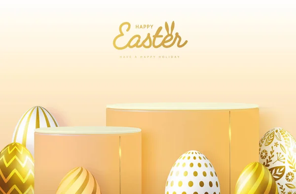 Vacanze Pasqua Vetrina Sfondo Oro Con Podio Uova Pasqua Illustrazione — Vettoriale Stock