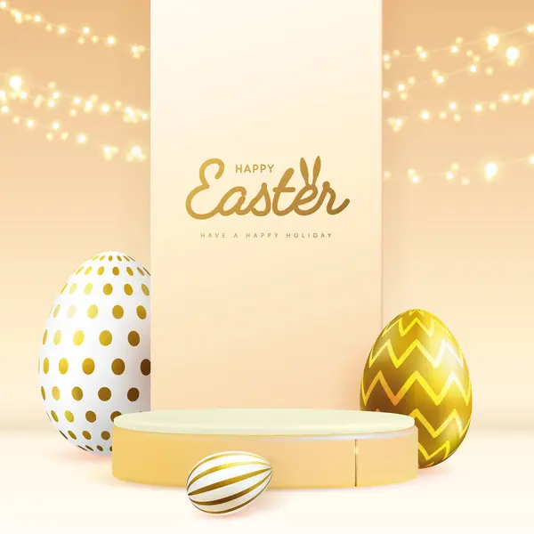 Velikonoce Předvést Zlaté Pozadí Pódium Velikonoční Vejce Řetězec Světel Vektorová — Stockový vektor