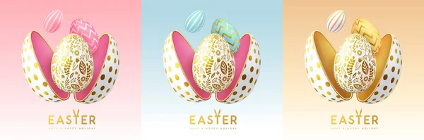 Zestaw Happy Easter Świąteczne Kartki Okolicznościowe Okładki Lub Banery Wyciętych — Wektor stockowy