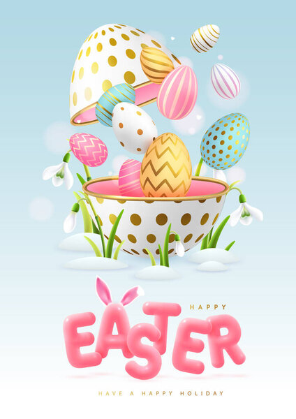 Happy Easter typography background with colorful easter eggs, open egg and 3D text. Greeting card or poster. Vector illustration