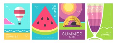 Bir dizi renkli yaz posterleri ve yaz nitelikleri. Kokteyl silueti, tekila gündoğumu, sıcak hava balonu, karpuz ve kamp. Vektör illüstrasyonu