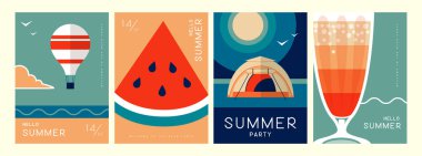 İçinde yaz nitelikleri olan retro yazlık posterler. Kokteyl silueti, tekila gündoğumu, sıcak hava balonu, karpuz ve kamp. Vektör illüstrasyonu
