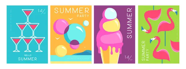 Set Colorful Summer Posters Summer Attributes Cocktail Cosmopolitan Silhouette Flamingo — Stock Vector