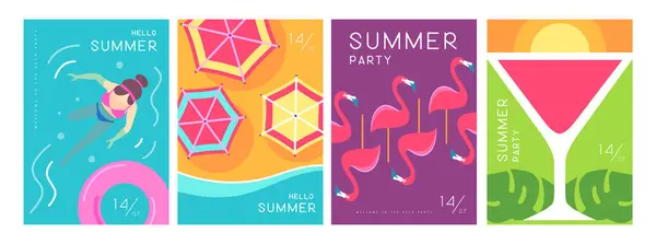Ein Set Bunter Sommerposter Mit Sommerlichen Attributen Cocktail Kosmopolitische Silhouette — Stockvektor