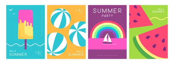 Conjunto Pôsteres Coloridos Verão Com Atributos Verão Sorvete Bola Praia — Vetor de Stock