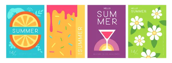 Ein Set Bunter Sommerposter Mit Sommerlichen Attributen Cocktail Kosmopolitische Silhouette — Stockvektor