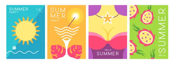 Ein Set Bunter Sommerposter Mit Sommerlichen Attributen Cocktail Silhouette Flamingo — Stockvektor