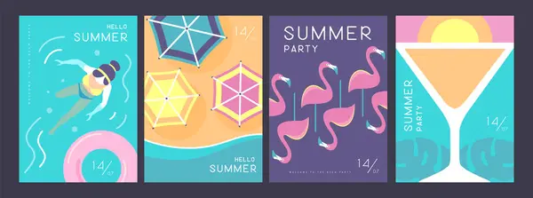 Set Retro Summer Posters Summer Attributes Cocktail Cosmopolitan Silhouette Flamingo — Stock Vector