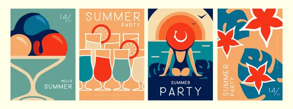 Set Retro Sommerposter Mit Sommerlichen Attributen Cocktail Silhouette Tequila Sonnenaufgang Stockillustration