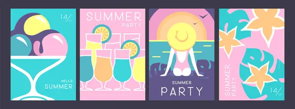 Set Retro Sommerposter Mit Sommerlichen Attributen Cocktail Silhouette Tequila Sonnenaufgang Vektorgrafiken