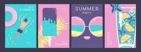 Set Retro Sommerposter Mit Sommerlichen Attributen Mojito Cocktail Sonnenbrille Eis Stockillustration