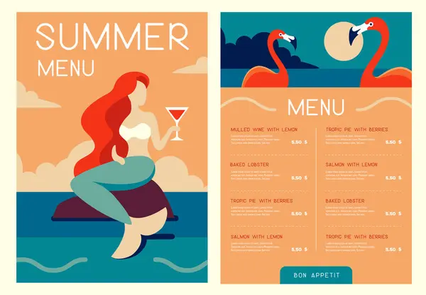 Retro Summer Restaurant Menu Design Mermaid Cocktail Glass Vector Illustration — Stock Vector