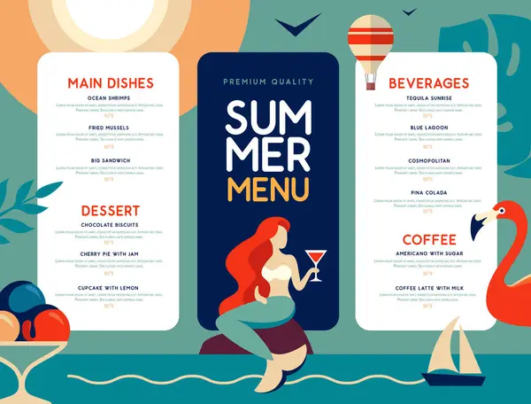 Retro Summer Restaurant Menu Design Mermaid Cocktail Glass Vector Illustration — Stock Vector