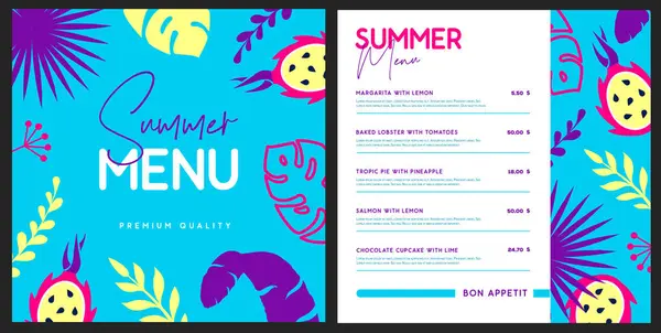 Retro Design Der Speisekarte Sommerrestaurant Mit Tropischen Blättern Und Pitahaya lizenzfreie Stockillustrationen