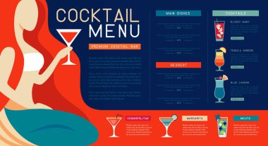 Deniz kızı ve martini bardaklı Retro yaz restoranı kokteyl menüsü tasarımı. Vektör illüstrasyonu
