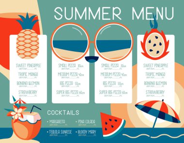 Güneş gözlüğü, şarap kadehi ve pitahaya ile Retro Yaz Restoran Menüsü Tasarımı. Vektör illüstrasyonu