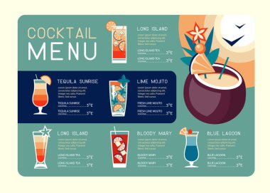 Retro Yaz Restoranı Kokteyl Menüsü Tasarımı. Vektör illüstrasyonu