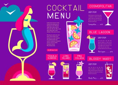 Şarap kadehinde deniz kızı olan Retro yaz restoranı kokteyl menüsü tasarımı. Vektör illüstrasyonu