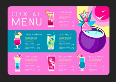 Retro Yaz Restoranı Kokteyl Menüsü Tasarımı. Vektör illüstrasyonu
