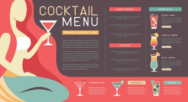 Deniz kızı ve martini bardaklı Retro yaz restoranı kokteyl menüsü tasarımı. Vektör illüstrasyonu