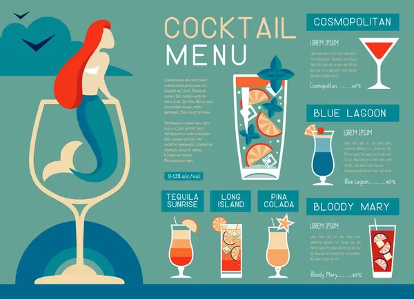 Retro Summer Restaurant Cocktail Menu Design Mermaid Wine Glass Vector — Stock Vector