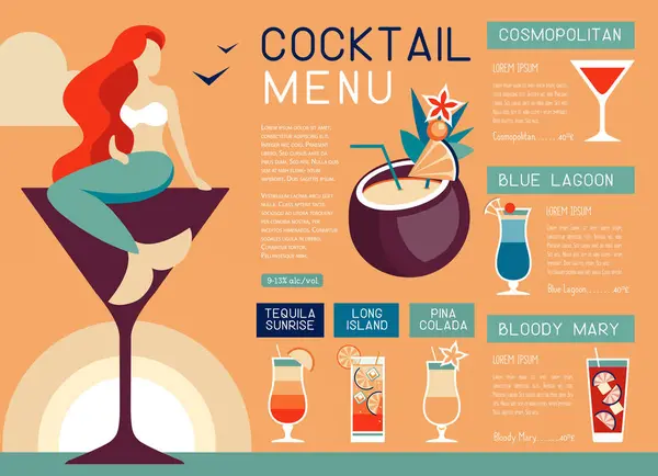 Retro Summer Restaurant Cocktail Menu Design Mermaid Martini Glass Vector — Stock Vector