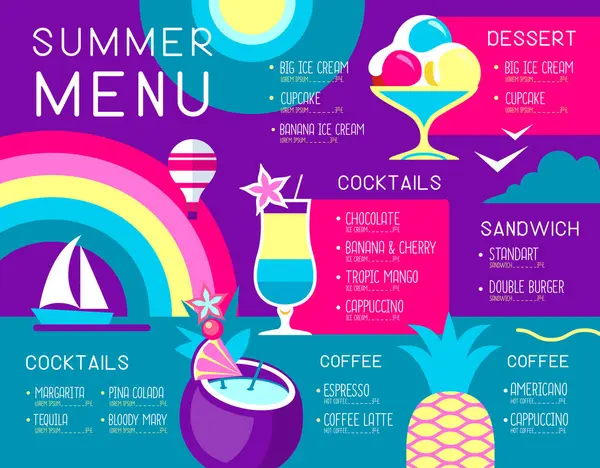 Retro Summer Restaurant Menu Design Ice Cream Rainbow Cocktails Vector — Stock Vector