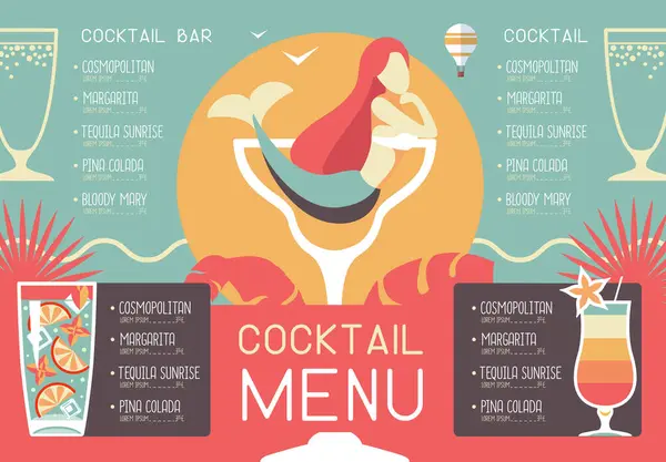 Retro Letní Restaurace Menu Design Koktejly Mořskou Pannou Vektorová Ilustrace — Stockový vektor