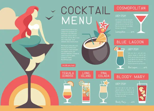 复古夏季餐厅鸡尾酒菜单设计与美人鱼和马提尼杯子 矢量说明 — 图库矢量图片