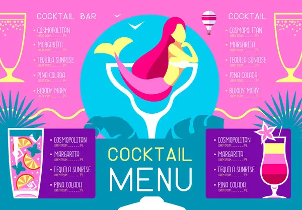 Retro Sommar Restaurang Meny Design Med Cocktails Och Sjöjungfru Vektorillustration Vektorgrafik