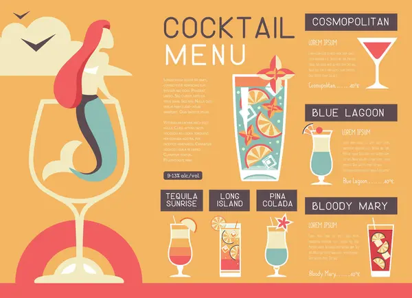 Rétro Restaurant Été Cocktail Design Avec Sirène Verre Vin Illustration Vecteurs De Stock Libres De Droits