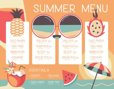 Güneş gözlüğü, şarap kadehi ve pitahaya ile Retro Yaz Restoran Menüsü Tasarımı. Vektör illüstrasyonu