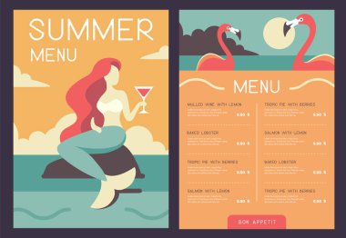 Deniz kızı ve kokteyl bardaklı Retro yaz restoranı menüsü tasarımı. Vektör illüstrasyonu