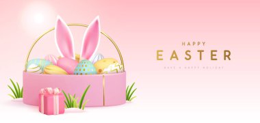 İçinde hediye kutusu, sepet, yumurta ve tavşan kulağı olan Paskalya bayramın kutlu olsun. Vektör illüstrasyonu
