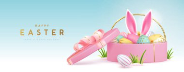 Hediye kutusu, sepet, yumurta ve tavşan kulaklı Paskalya bayramın kutlu olsun. Vektör illüstrasyonu