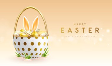 Sepet, paskalya yumurtası ve tavşan kulaklı mutlu Paskalya tatilleri. Vektör illüstrasyonu