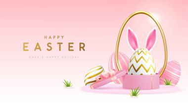 Hediye kutusu ve tavşan kulaklı Paskalya yumurtası olan Paskalya tatilin kutlu olsun. Vektör illüstrasyonu