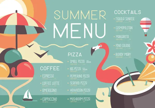 复古夏季餐厅菜单设计与火烈鸟 冰淇淋和Pina可乐鸡尾酒 矢量说明 — 图库矢量图片