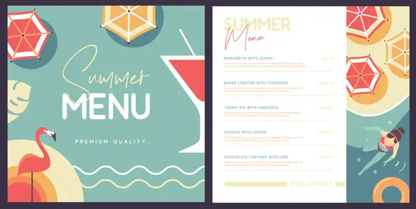Retro Sommer Restaurant Menü Mit Cocktail Flamingo Und Blick Auf lizenzfreie Stockvektoren