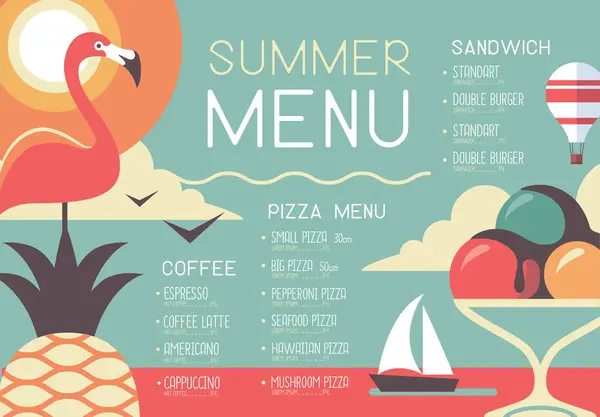 复古夏季餐厅菜单设计与火烈鸟 冰淇淋和热气球 矢量说明 图库插图