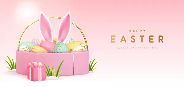 Frohe Osterfeiertage Hintergrund Mit Geschenkbox Korb Eier Und Hasenohren Innen Stockvektor