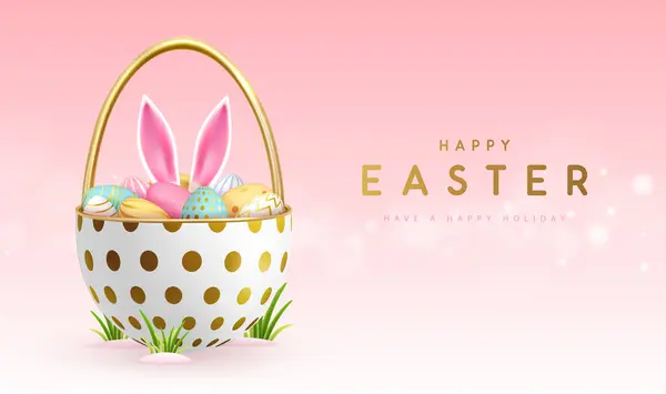 Sepet Paskalya Yumurtası Tavşan Kulaklı Mutlu Paskalya Tatilleri Vektör Illüstrasyonu Telifsiz Stok Vektörler