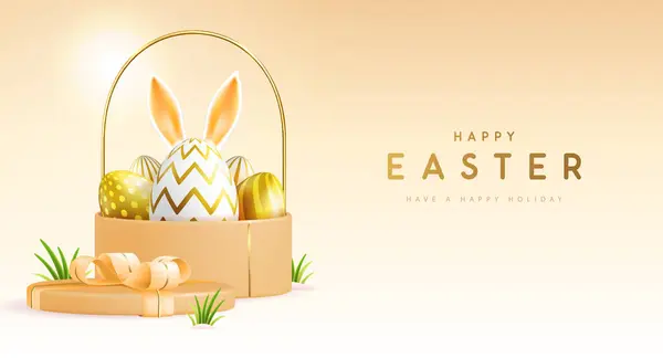 Frohe Osterfeiertage Hintergrund Mit Geschenkbox Korb Eier Und Hasenohren Vektorillustration Stockvektor