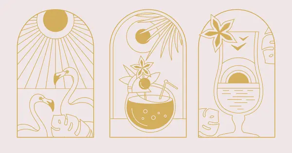 一套现代线条的夏季艺术图标与Pina Colada鸡尾酒 火烈鸟和太阳 一套夏季海报 矢量说明 — 图库矢量图片